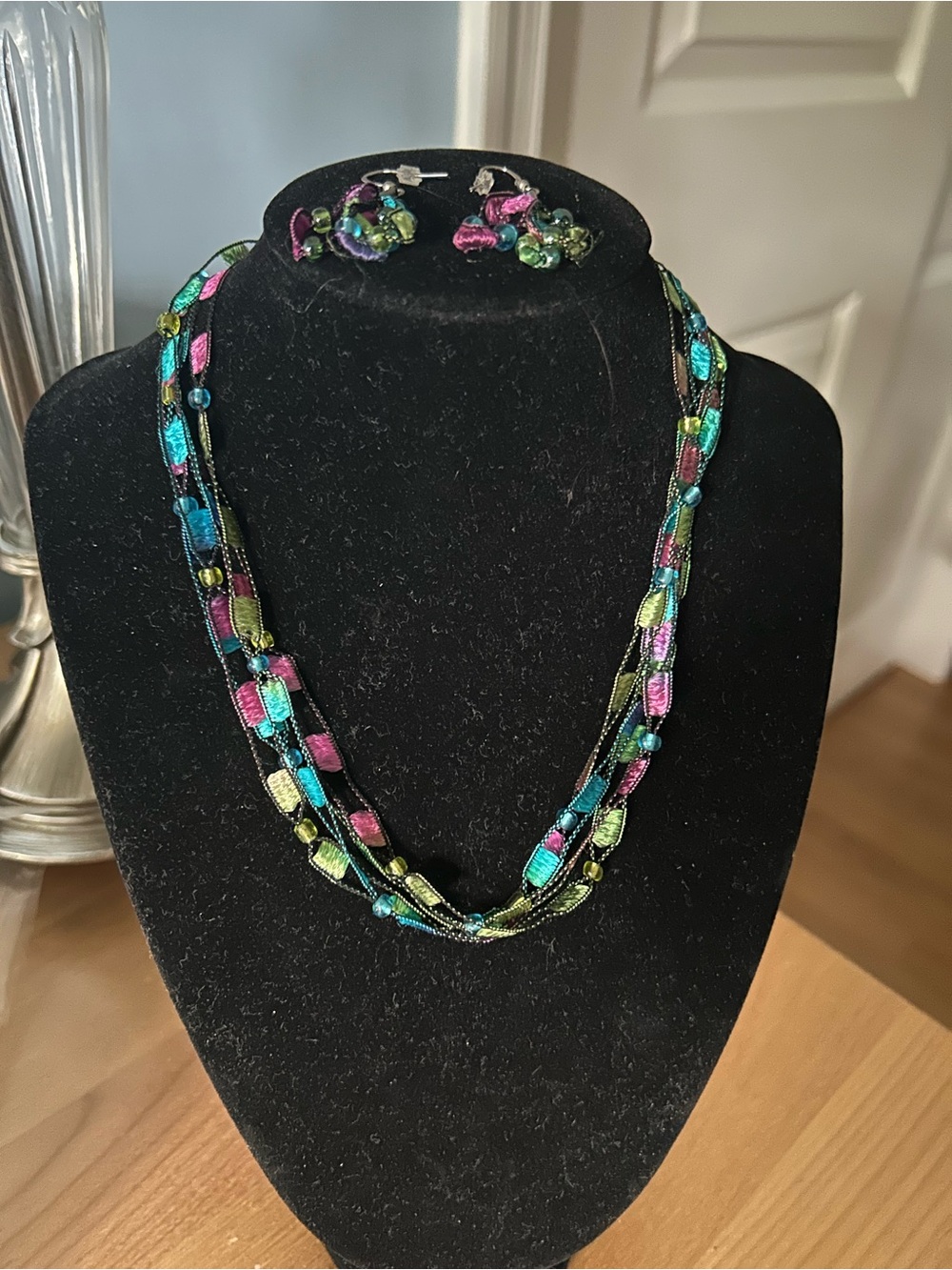 Multi-Color Beaded Ribbon Necklace and Earrings Set